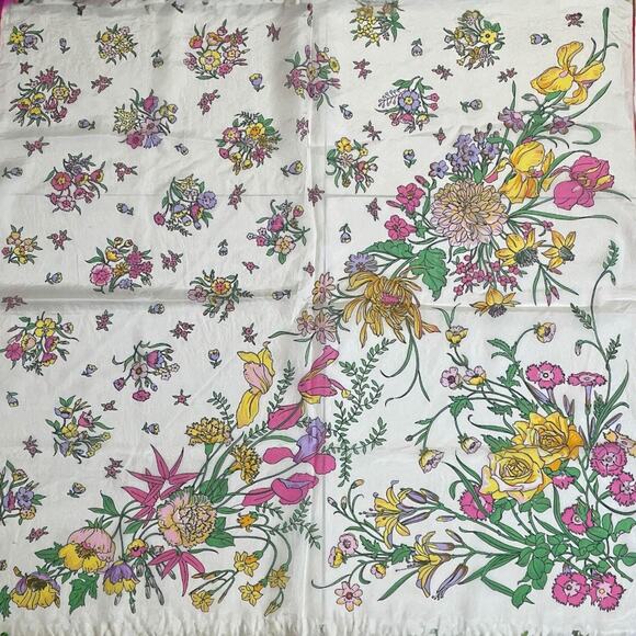 1960s Vibrant Pink & Yellow Blooming Flowers Semi Sheer White Silk Square Scarf - Picture 6 of 7